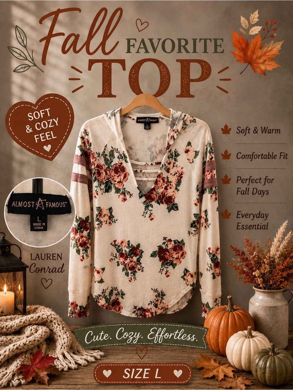 Almost Famous Cream Floral V-Neck Hoodie with Rose Print